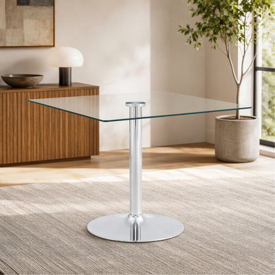 Table de salle à manger 38,5 pouces moderne minimaliste carrée en verre avec base en métal à colonne unique. Disponible en noir, or ou argent. Table de salle à manger à domicile. Convient pour 2 à 4 personnes.