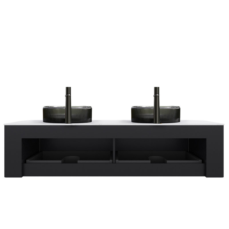 Meuble-lavabo de 60 po avec 2 lavabos ronds en verre noir transparent, armoire de rangement, tiroirs, pré-assemblé, noir, finition rayée 3D, éviers à tiroir lisse, structure d'armoire stable