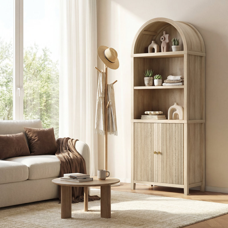 Aariz 76" Arched Bookcase Modern Wood Fluted Storage Cabinet With Adjustable Shelves And 2 Doors For Living Room And Home Office