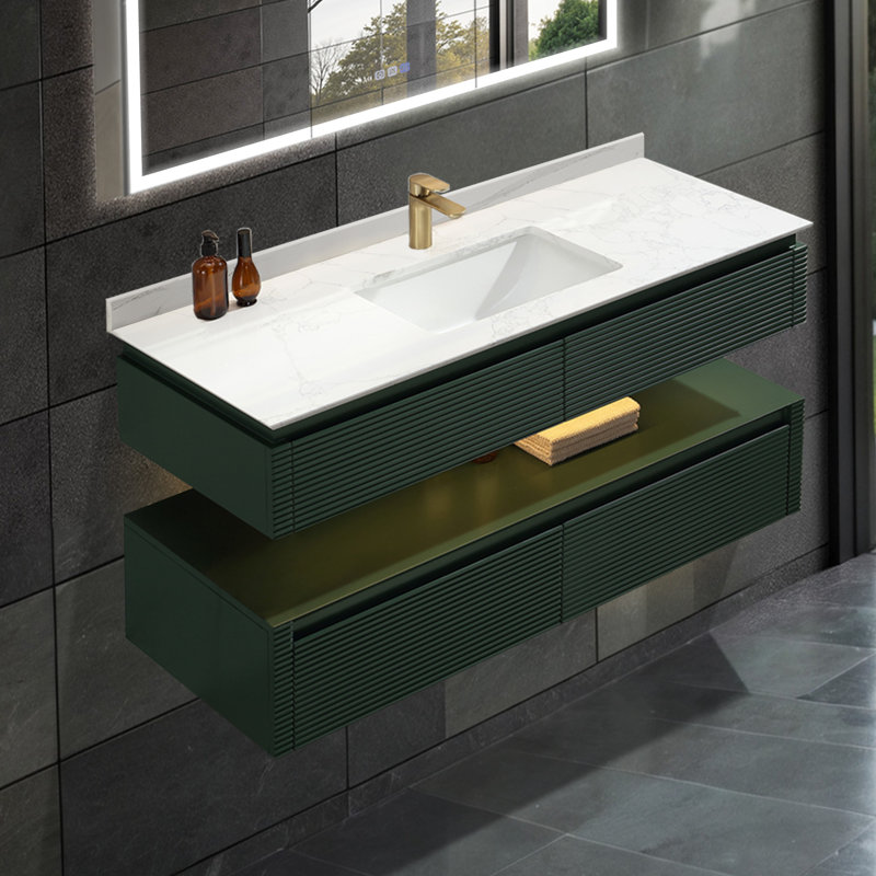 Ensemble de meuble-lavabo simple mural moderne en bois massif 48 po avec plateau en marbre et lumière, Vert