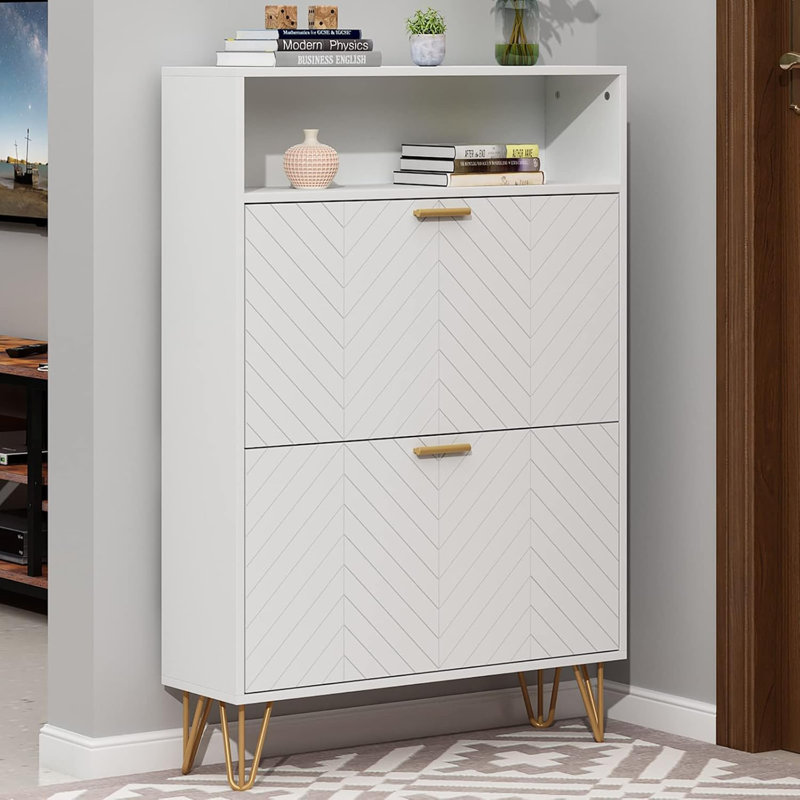 Armoire de rangement pour chaussures autoportante avec tiroirs rabattables, étagère à chaussures d'entrée moderne avec compartiments réglables et casier supérieur, organisateur de chaussures caché mince avec conception de ventilation