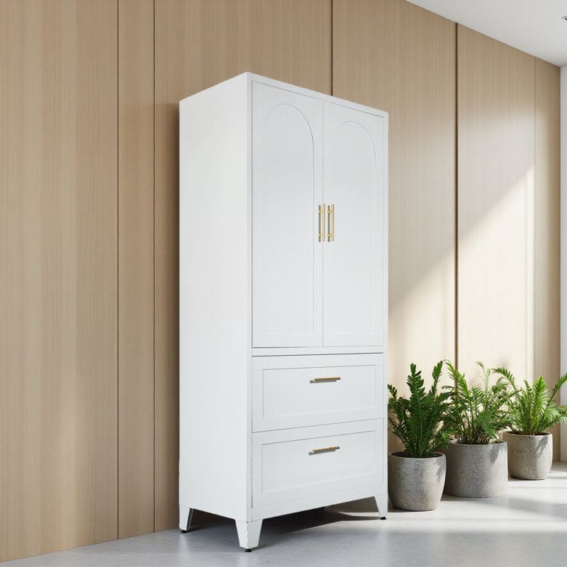 Armoire-penderie en métal 70,87 "avec 2 tiroirs et une tringle, 2 portes garde-robe avec tablette pour chambre à coucher