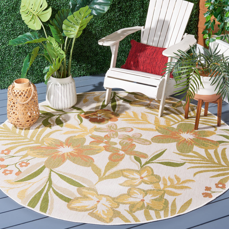 Aramantha Floral Power Loomed Indoor/Outdoor Area Rug in Beige/Green/Orange, Round 6'7"