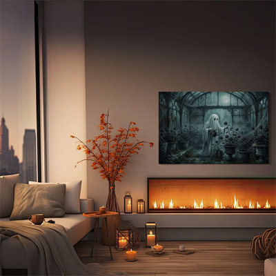 Tableau sur toile encadré (1 pièce), représentant un jardinier fantôme. Affiche d'art gothique sombre pour l'Halloween, idéale pour le salon, la chambre à coucher, le bureau, la salle de bain, une chambre d'étudiant ou toute autre pièce. Prêt à accrocher.