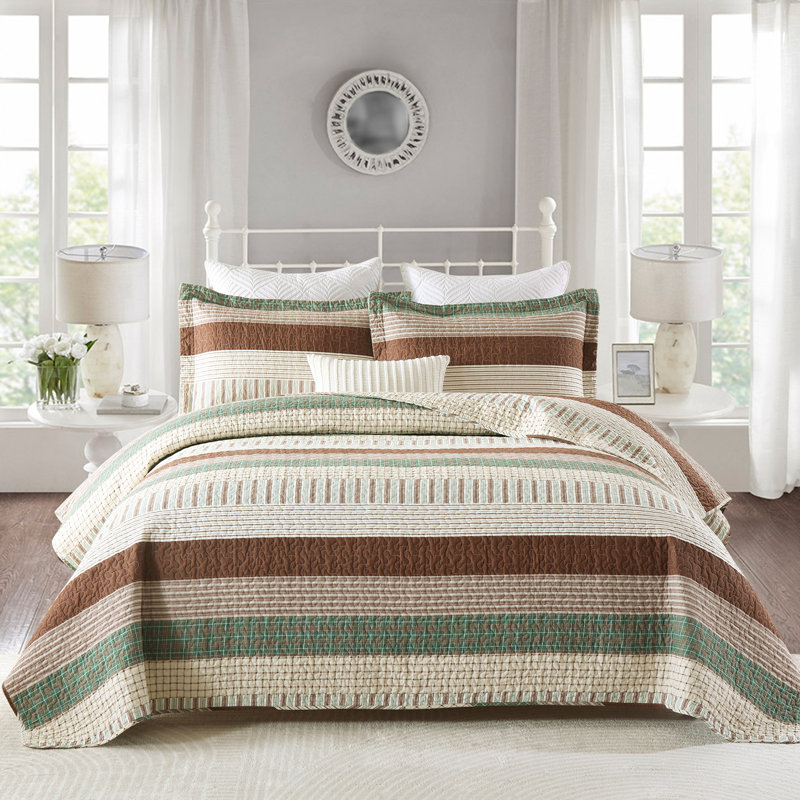 Ensemble de courtepointe 100% coton 98 po x 90 po DDUOXIN - 1 courtepointe avec 2 taies décoratives, Brun / vert / crème