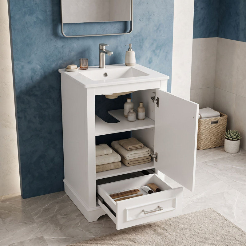 Meuble-lavabo en bois avec lavabo, tablette ajustable, tiroir et portes, White