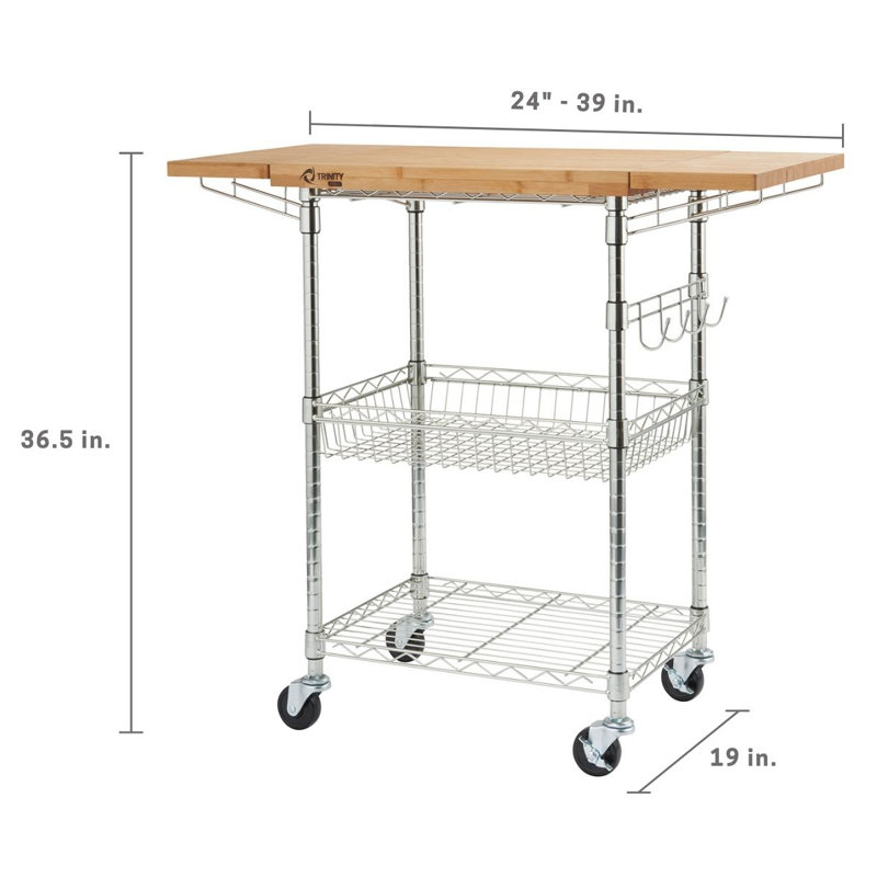 TRINITY PRO EcoStorage Kitchen Cart w/ Bamboo Top and Drop Leaf, Chrome
