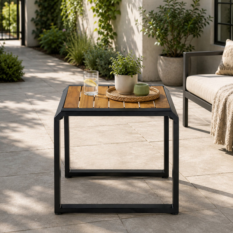 Table d'appoint de patio avec plateau en bois massif et structure en métal, Brun et noir