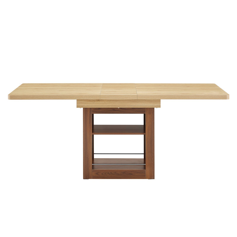 Une table de salle à manger extensible avec espace de rangement, une table de salle à manger extensible de 59 à 71 pouces, une table à tirer rectangulaire avec un cadre en panneau de fibres à densité moyenne de couleur noyer pouvant accueillir 4 à 8 personnes.