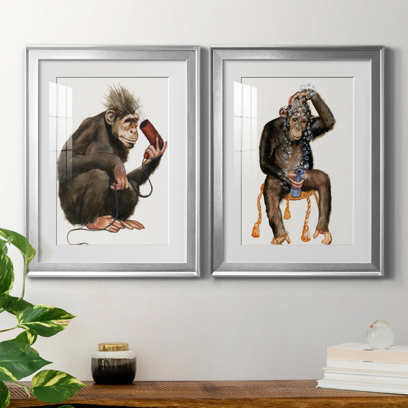 «Bath Animals I», ensemble de 2 impressions, Blanc, H 22,5 po x l 61 po x P 1,5 po, Papier avec cadre argenté
