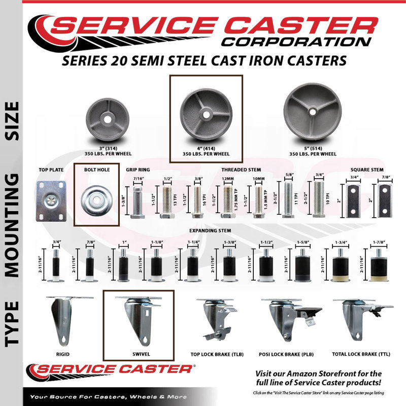 4 Inch Semi Steel Swivel Bolt Hole Caster Set with 2 Total Lock Brake SCC/SCC-BHTTL20S414-SSS-2-S-2