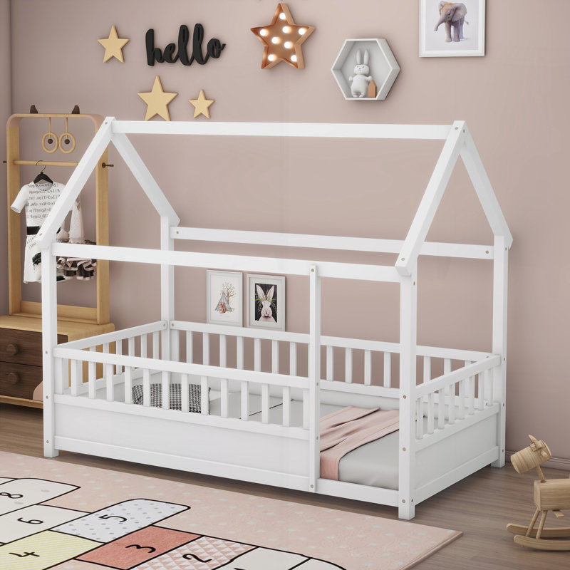 Lit de plancher en bois avec cadre de toit de maison, Lit simple, Blanc