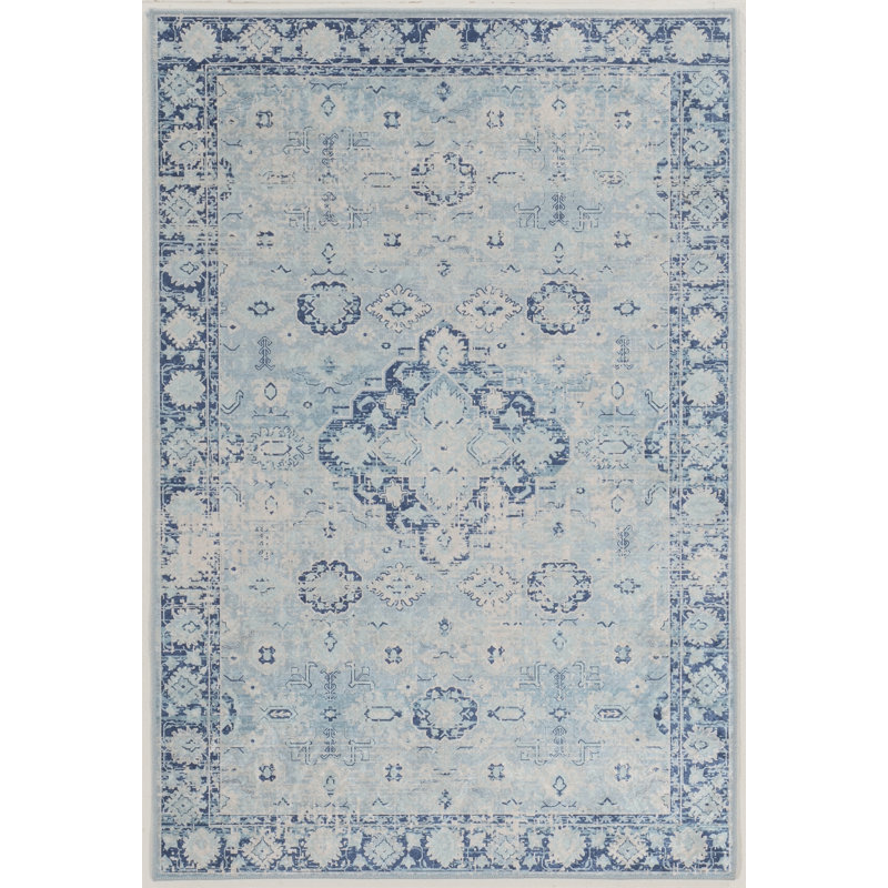 Emanuel Traditional Machine Woven Flatweave Light Blue and Blue Area Rug with Non Skid Backing , Rectangle 3'3" x 5'