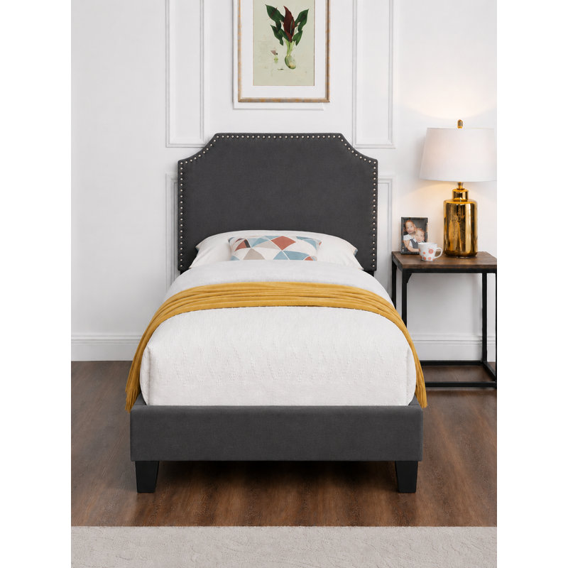 Lit luxueux en velours capitonné avec tête de lit festonnée et garniture cloutée, cadre de lit à tête de lit réglable, anthracite, 1 place