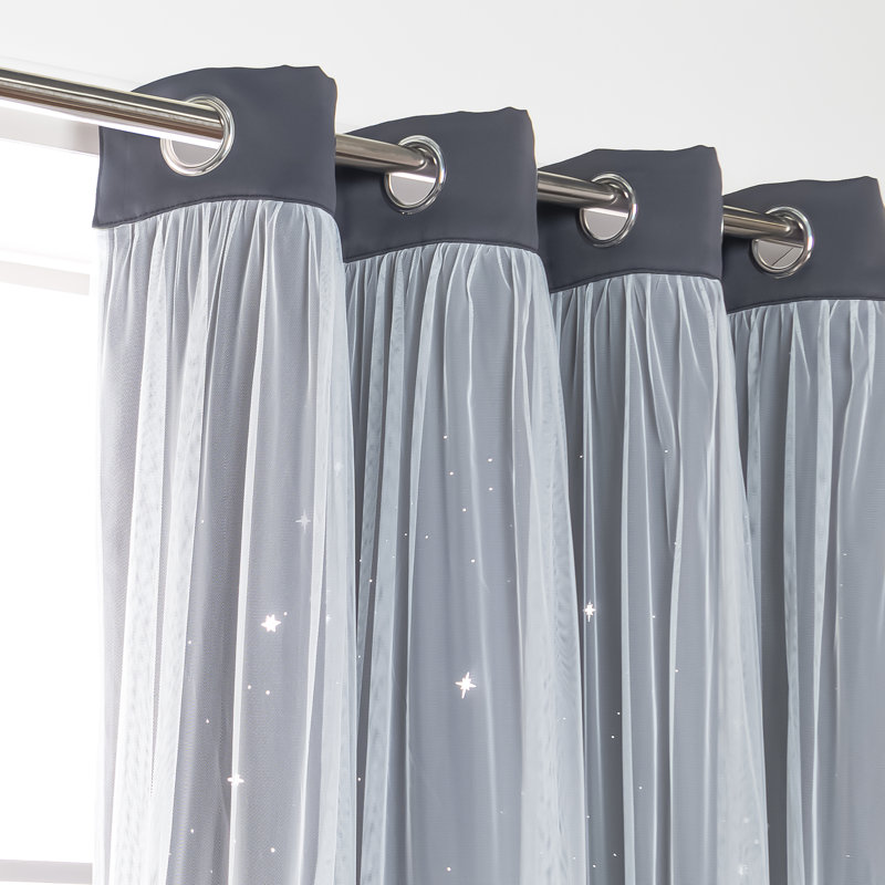 Night Sky Laser Punch Tulle Overlay Room Darkening Silver Grommet Curtains, Dark Gray