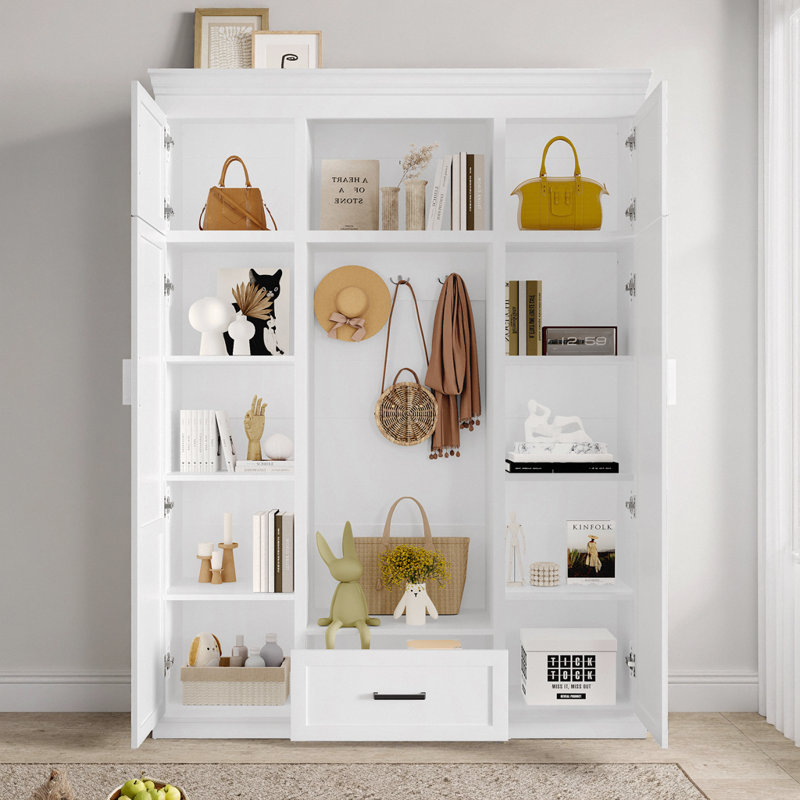 85"Modern Hall Tree – 63" Wall-to-Wall Storage, 4 Door Cabinets, Hidden Drawer & Shoe Bench. Grand Foyer Statement in Matte