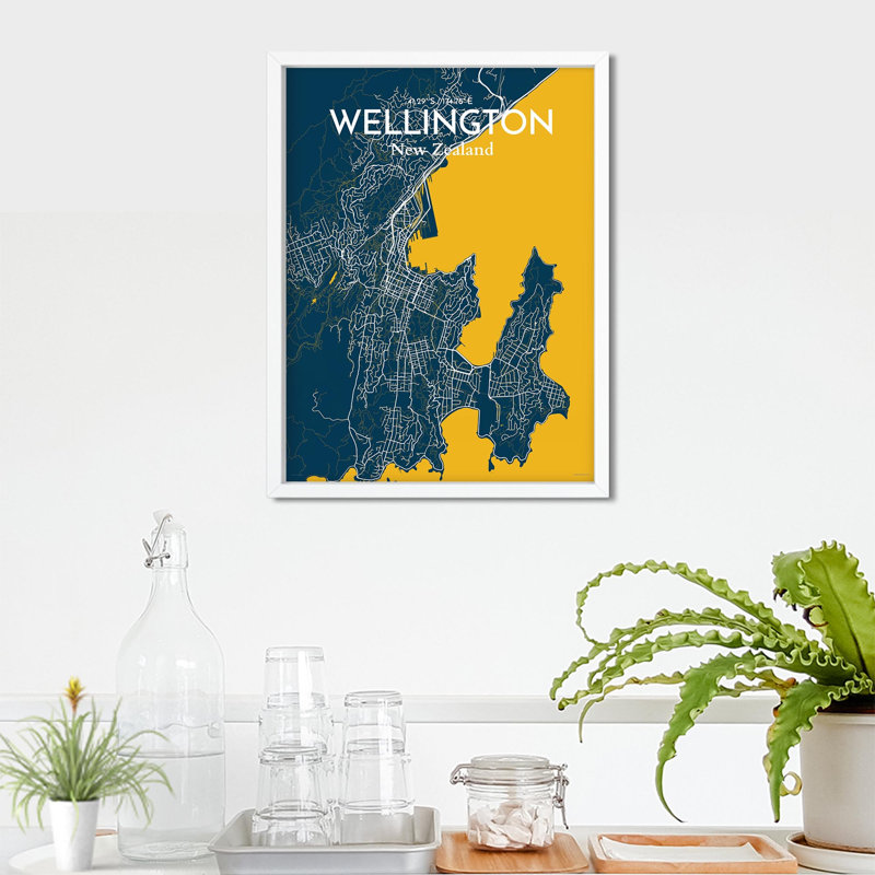 Wellington, carte de la ville, impression, H 24 po x l 18 po, Bleu / jaune