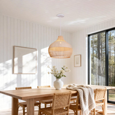 Minimalist White Rattan Pendant Light for Kitchen Isla
