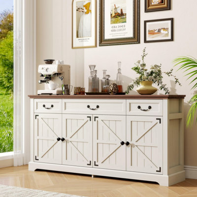 65 Inch Rustic Farmhouse Sideboard Buffet Cabinet, Multi-Storage Wood Cabinet with 3 Drawers & 4 Storage Doors, Versatile Coffee Bar Console Table for Kitchen, Dining Room, Living Room and Entryway