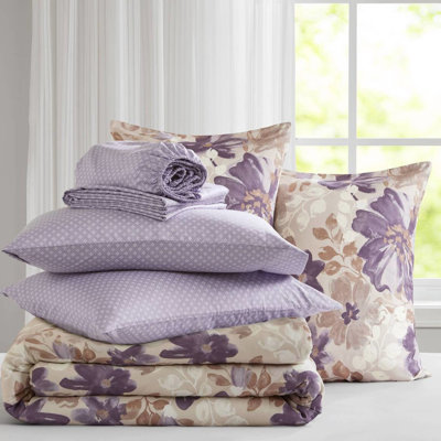 Couette fleurie pour lit simple avec linge de lit taupe, couette, 1 taie d'oreiller, drap plat, housse de couette, imprimé en microfibre brossée, motif aquarelle et assorti, rembourrage, draps lavables, imprimé