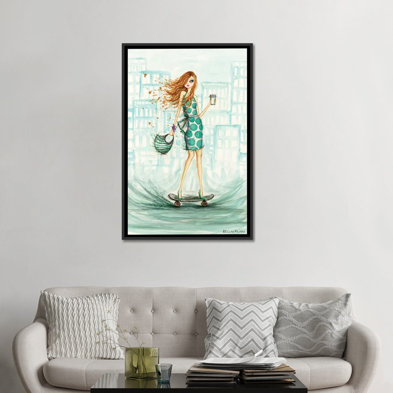 « uptown skateboarder », peinture sur toile tendue, H 60 po x l 40po x P 1,5 po, Toile avec cadre flottant noir, Pas de tapis