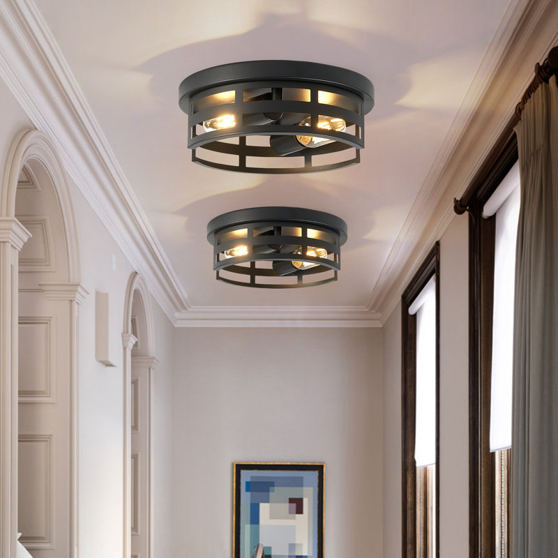 2-Light Farmhouse Flush Mount Ceiling Light, 2 Pack Black Metal Cage Light Fixture For Living Room, Entryway, 2 Lights