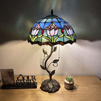 Haruko Tiffany Table Lamp Blue Purple Stained Glass Tulips LED Bulb Included Iron Metal Leaves 