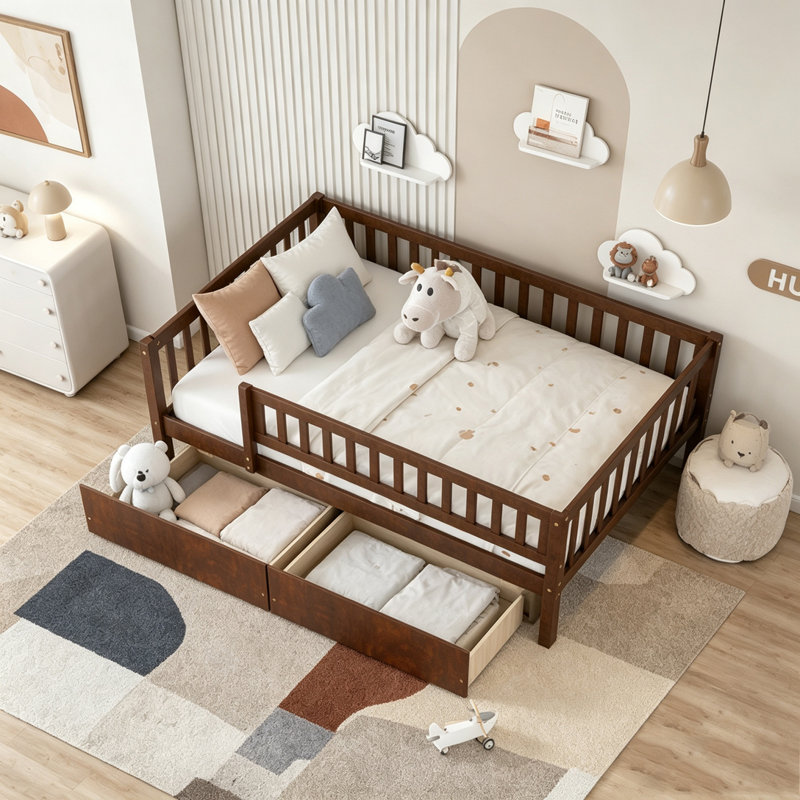 Lit de jour simple avec tiroirs de rangement spacieux et fabrication en bois massif, Lit simple, Noyer