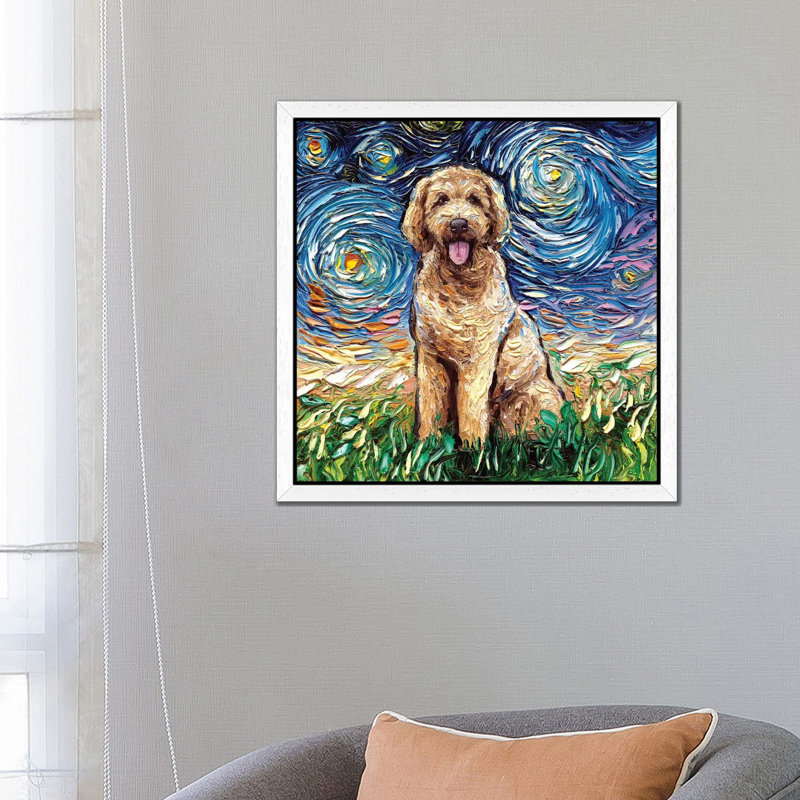 Goldendoodle Night 1 Piece Painting on Canvas, 93.98 cm H x 93.98 cm W, White Floater Framed