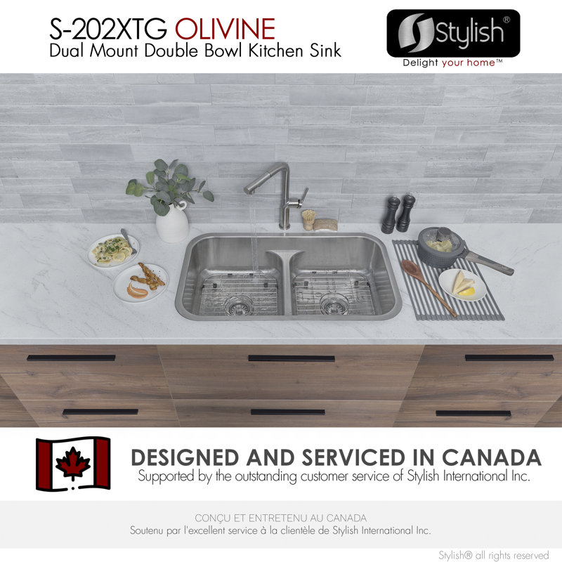 Canda Stylish Olivine Dual-Mount, Stainless Steel Double-Bowl Kitchen Sink, 16, 9" H x 18.88" W x 32.25" D