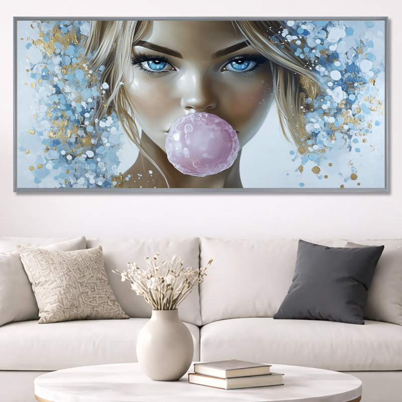 «Pink Blue Bubblegum Queen Portrait I - Pink Pop Art», impression sur toile encadrée colorée, H 28 po x l 60 po