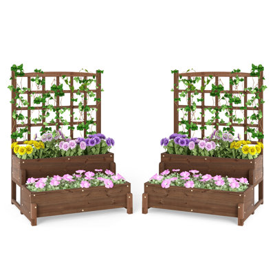 Raised Garden Bed w/ Lattice Trellis Drainage Holes Wooden Elevated Planter Box Stand