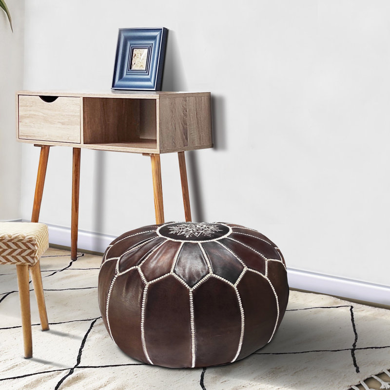 Handmade Chocolate Brown Moroccan Leather Round Ottoman Pouf