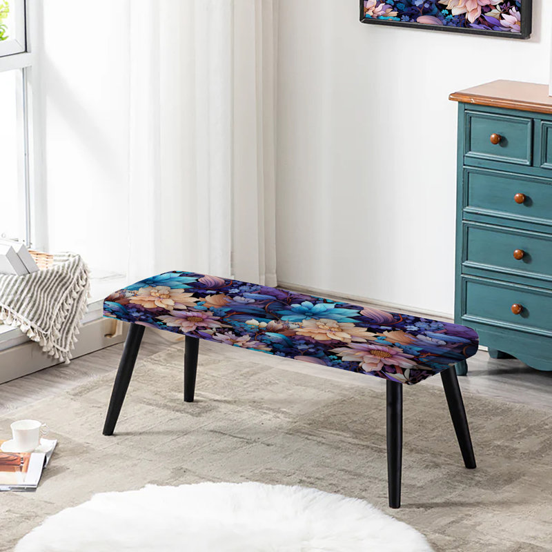 Celestial Blue Peonies Stellar Pure I - Floral Upholstered Black Bench