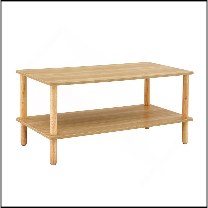 Table basse moderne à 2 niveaux avec rangement ouvert et pieds en bois d'hévéa, Bois robuste