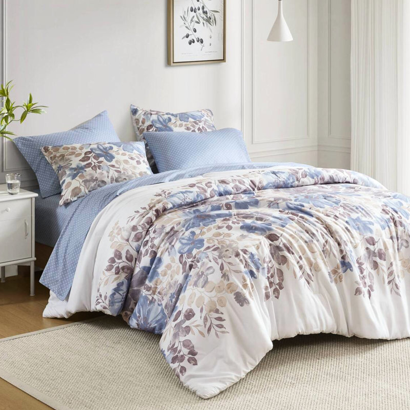 Édredon pleine fleur bleu avec draps, lavable à la machine, rembourrage en microfibre douce et drap, 11,81 po de hauteur