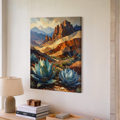 A Horizontal Desert Landscape Painting With Rugged Mountains And Agave Plants In The Canvas Wall Art Premium Quality Ready To Hang