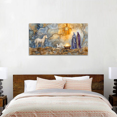 Large Nativity Canvas Wall Art - O Holy Night Wall Decor, Christmas Nativity Scene Pictures for Wall, Nativity Artwork Prints for Living Room, Framed Pine Wood Wall Art, 24×48 inches