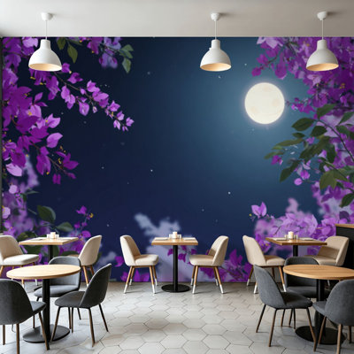 Papier peint adhésif pelez et collez, ciel nocturne, fleurs mauves, art mural étoilé auto-adhésif et amovible