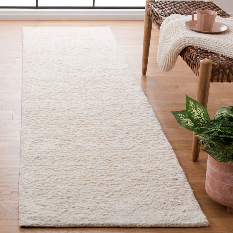 Tapis uni en laine tissé à la main de couleur ivoire, Tapis de couloir 2 pi 3 po x 9 pi