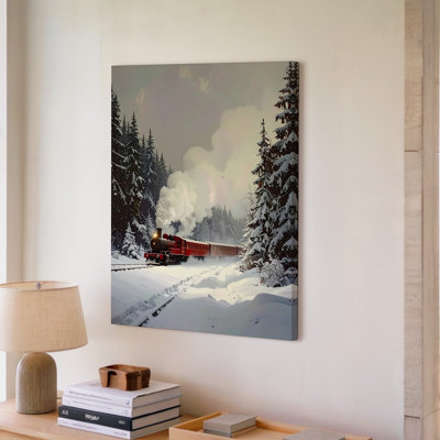 Locomotive rouge nostalgique, train d'hiver, forêt sereine enneigée, art mural sur toile, prêt à accrocher, galerie tendue, décor à la maison
