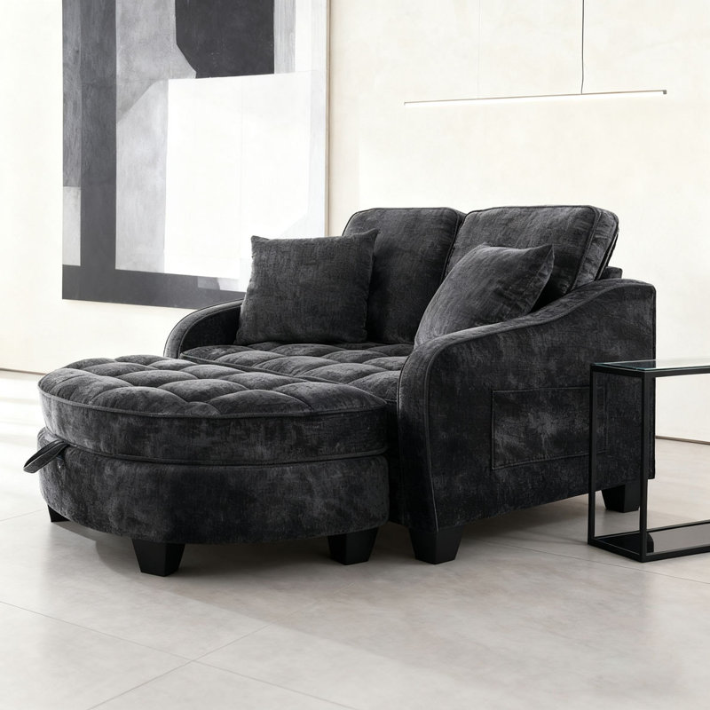Canapé avec accoudoirs et dossiers irréguliers, repose-pieds avec espace de rangement, Noir