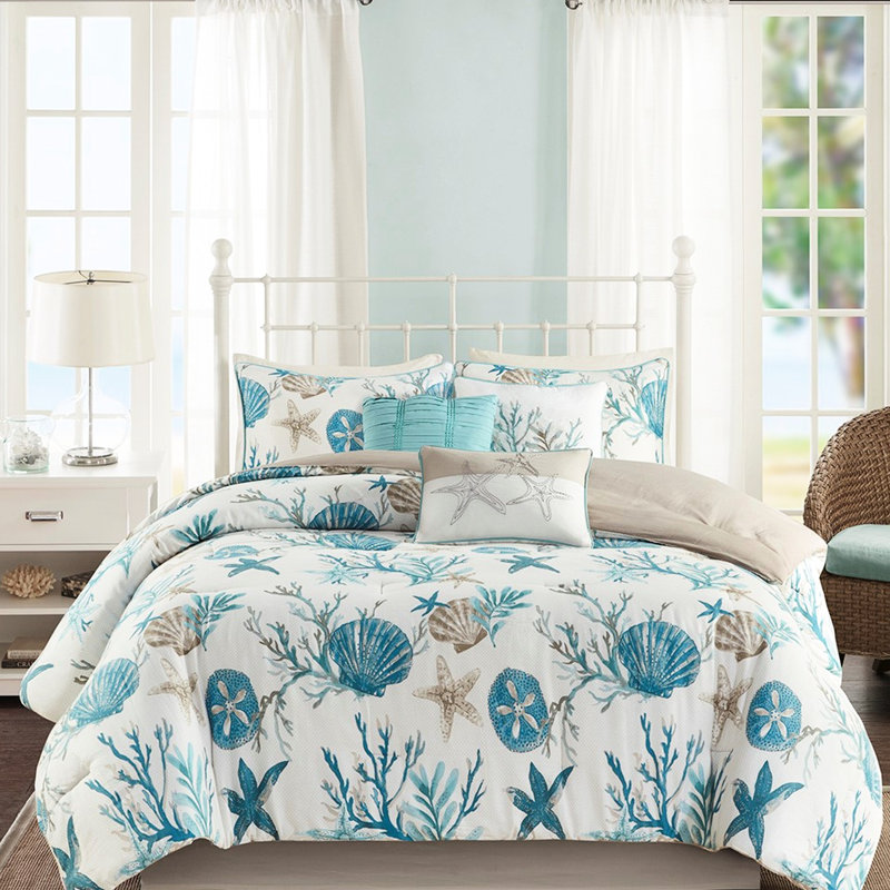 Édredon pour très grand lit - Ensemble de literie à imprimé corail en coton 7 pièces, Turquoise