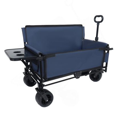 Chariot de chariot pliant convertible 3-en-1 avec banquette et plateau de table pliable monté à l'arrière - Chariot utilitaire robuste de 500 lb, roues tout-terrain d'une capacité de 180 L pour le camping, la plage, les sports, le jardin, bleu foncé