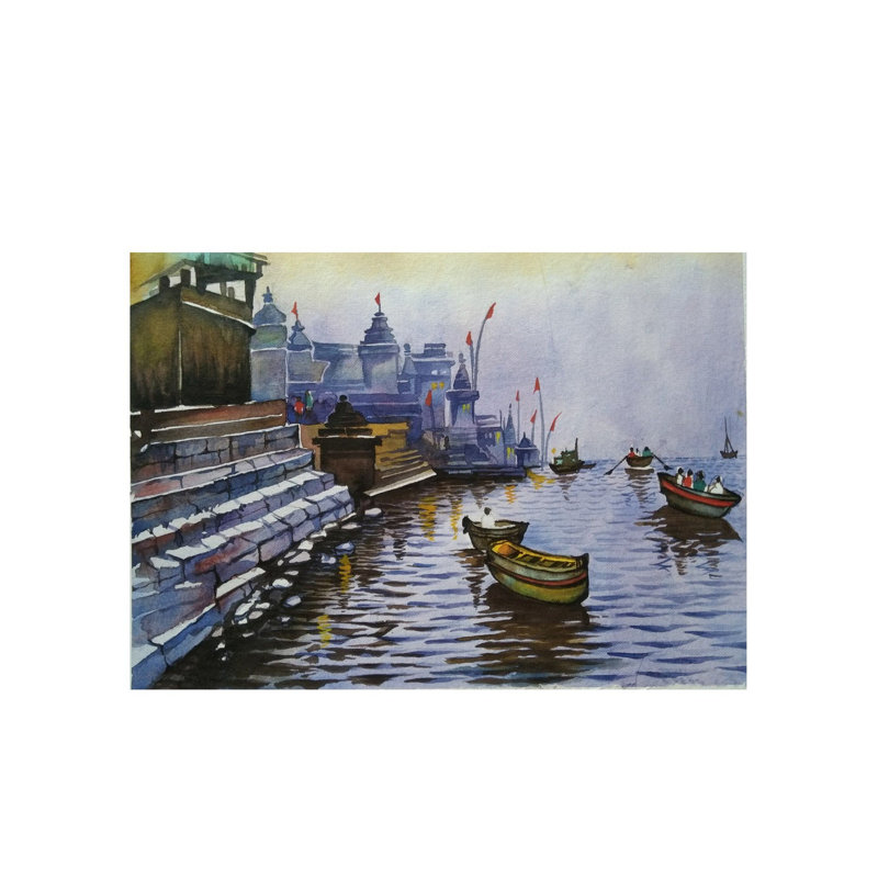 Le matin dans le Ghat | Aquarelle sur feuille faite à la main | Par Arush Tripathi