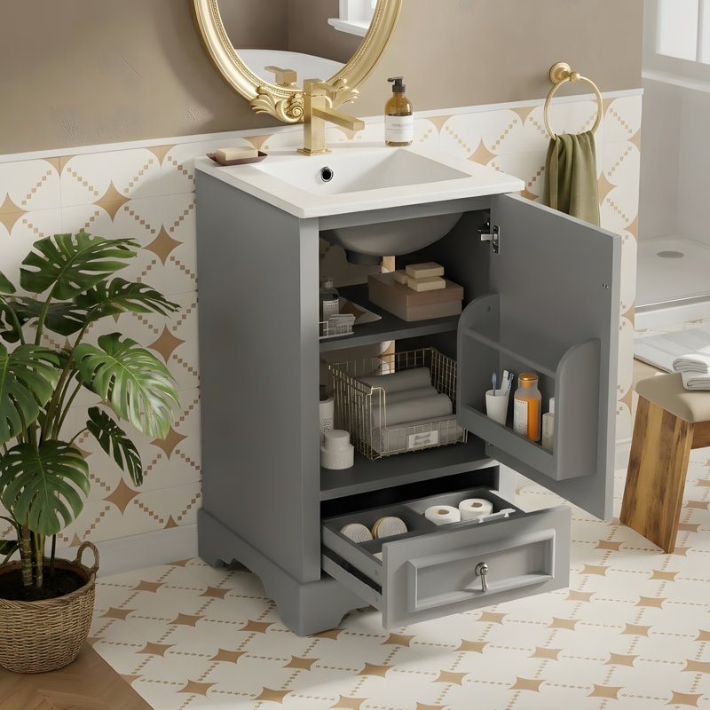 Meuble-lavabo compact de style moderne avec rangement intelligent, Gris