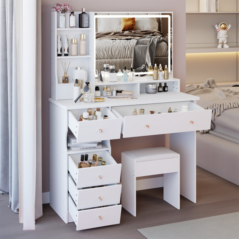Table de meuble-lavabo de 41 po avec tiroir à gauche 41 po + tabouret rembourré, très grand miroir à DEL à commande tactile, interrupteur 3 couleurs, commode de rangement haute capacité multi-couches, convient aux grands espaces