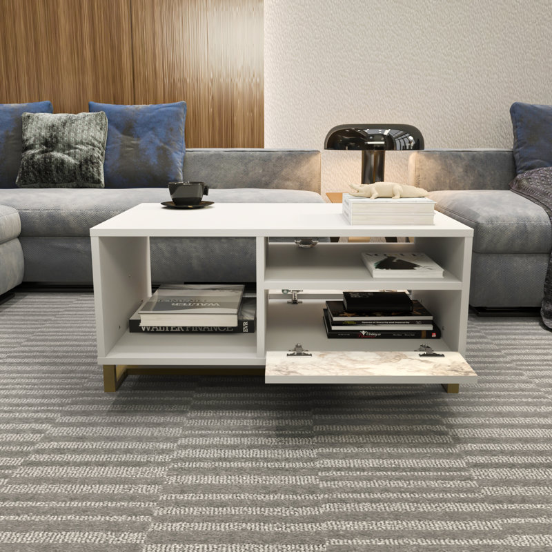 Medon 90cm W Coffee Table, White Top/White Marble Effect Cabinet