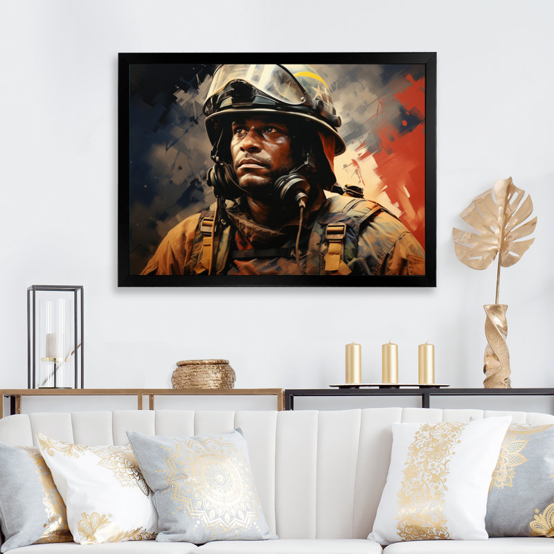 Portrait de pompier III - reproduction sur toile, H 34 po x l 44 po x P 1,5 po, Cadre simple noir