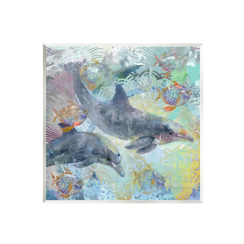 Dauphins et poissons, fractales aquatiques - impression, H 12 po x l 12 po x P 0,5 po, Bois